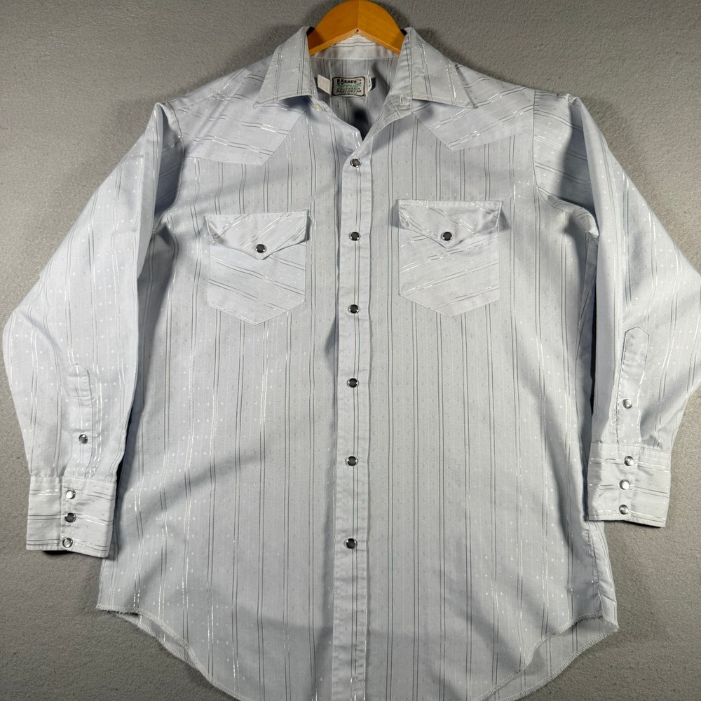 Vintage H Bar C Blue Metallic Stripe Western Snap Shirt 16-32 USA Made
